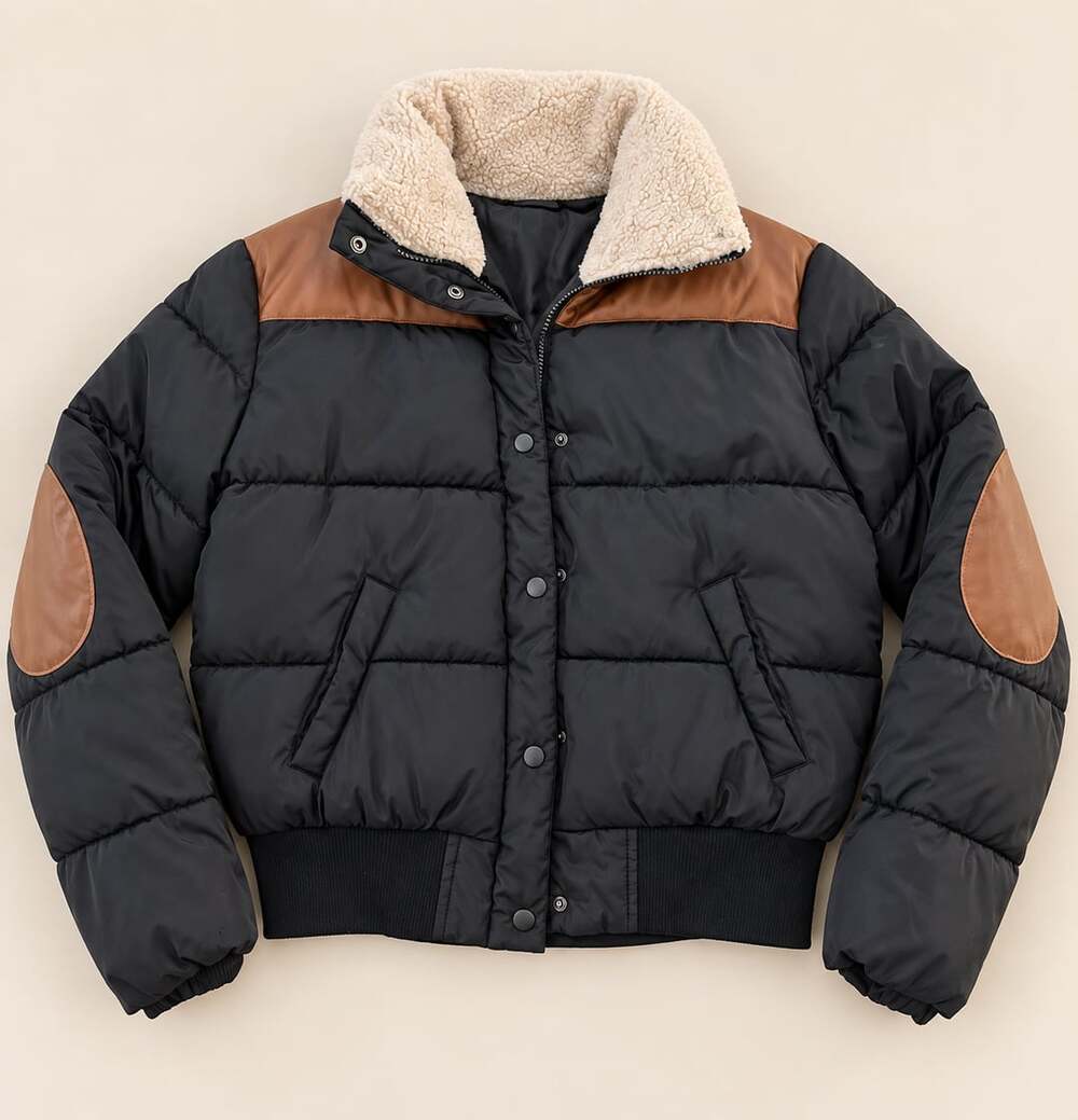 Sincerely Jules Puffer Jacket Black W/Tan Shearling Collar Large (g1)